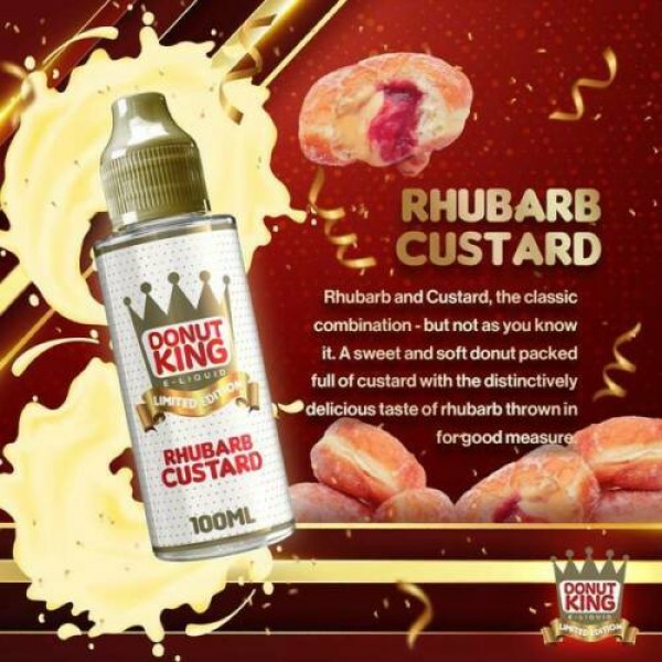 Limited Edition Rhubarb Custard by Donut King. 70VG/30PG E-liquid, 0MG Vape, 100ML Juice
