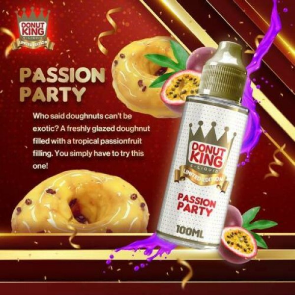 Limited Edition Passion Party by Donut King. 70VG/30PG E-liquid, 0MG Vape, 100ML Juice